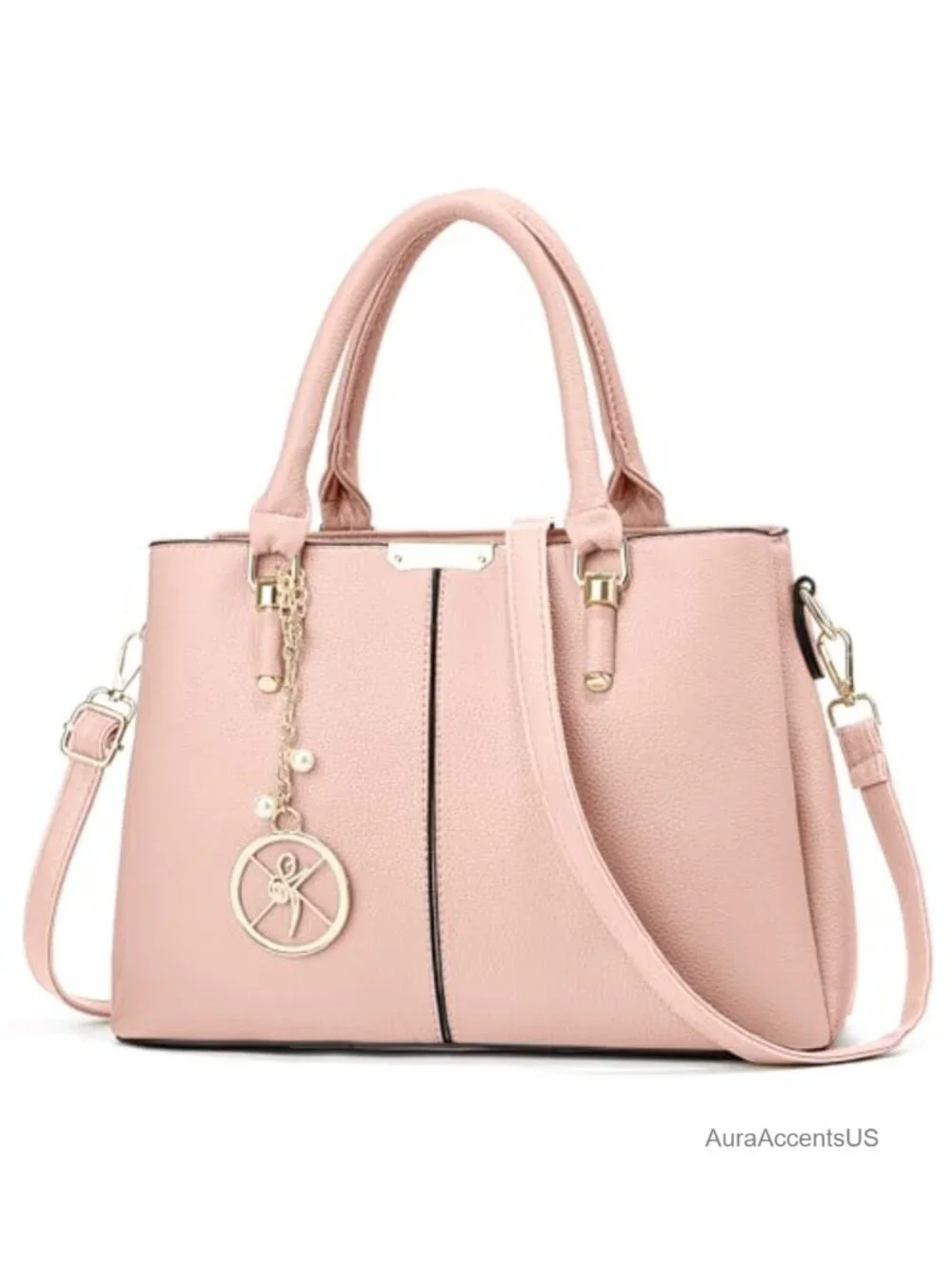 Faux Leather Satchel Purse with 3 Zip Compartments, Top Handle, Adjustable Strap